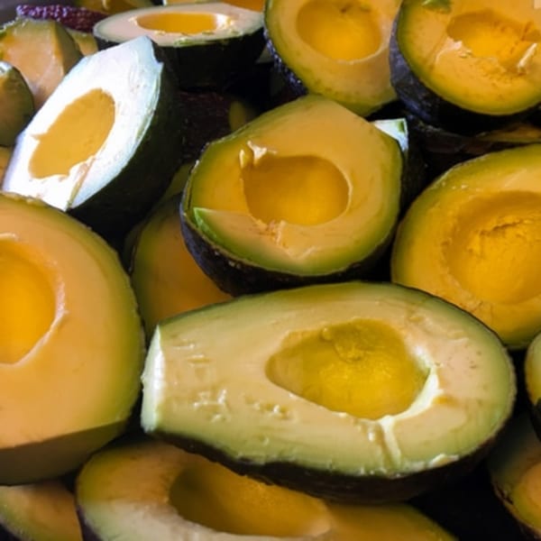 Close-up of many fresh, ripe avocado halves with vibrant green flesh and yellow centers.