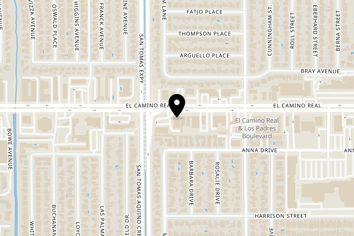 Map showing the location of Poke Poke Fish Bar on 2362 El Camino Real in Santa Clara